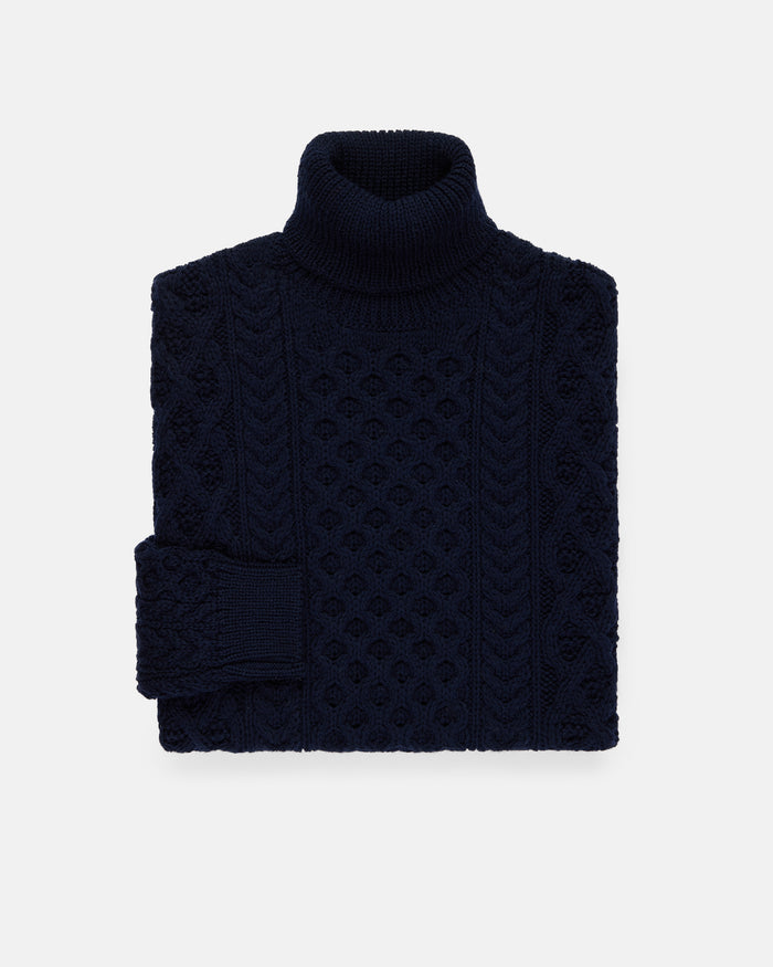 Made-in-Ireland Navy Aran Fisherman’s Turtleneck Sweater