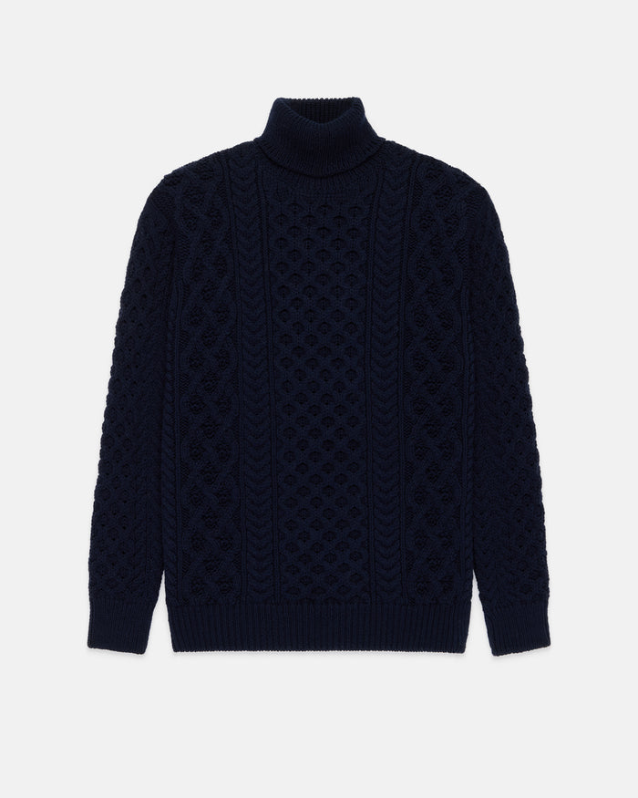 Made-in-Ireland Navy Aran Fisherman’s Turtleneck Sweater