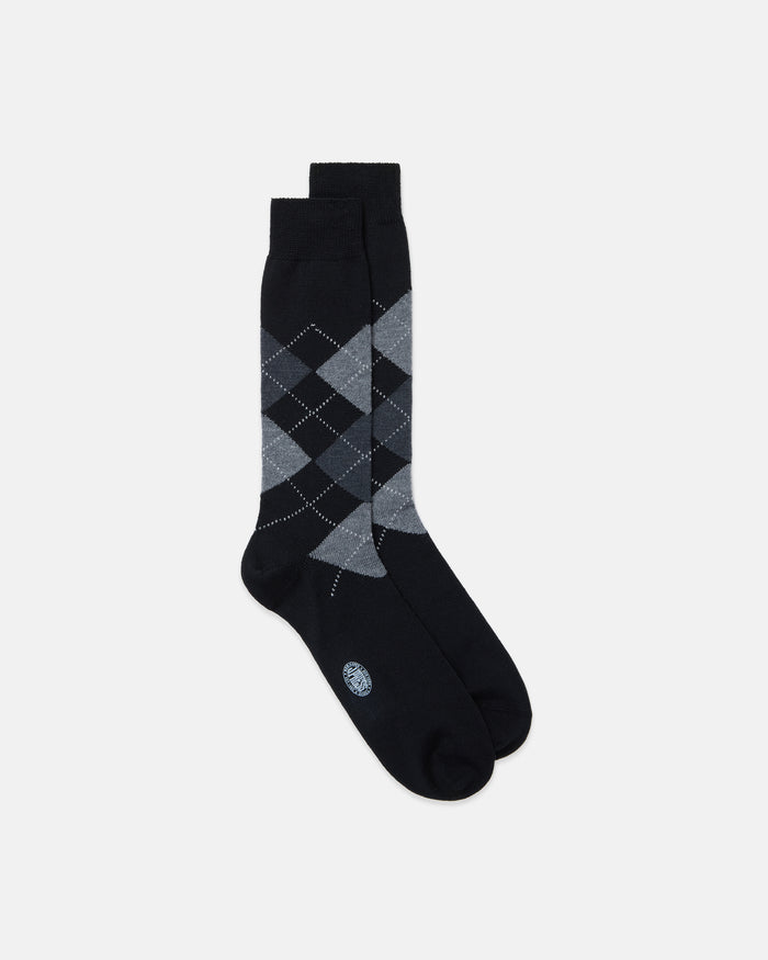 Made-in-Italy Black & Grey Argyle Wool Mid-Calf Socks