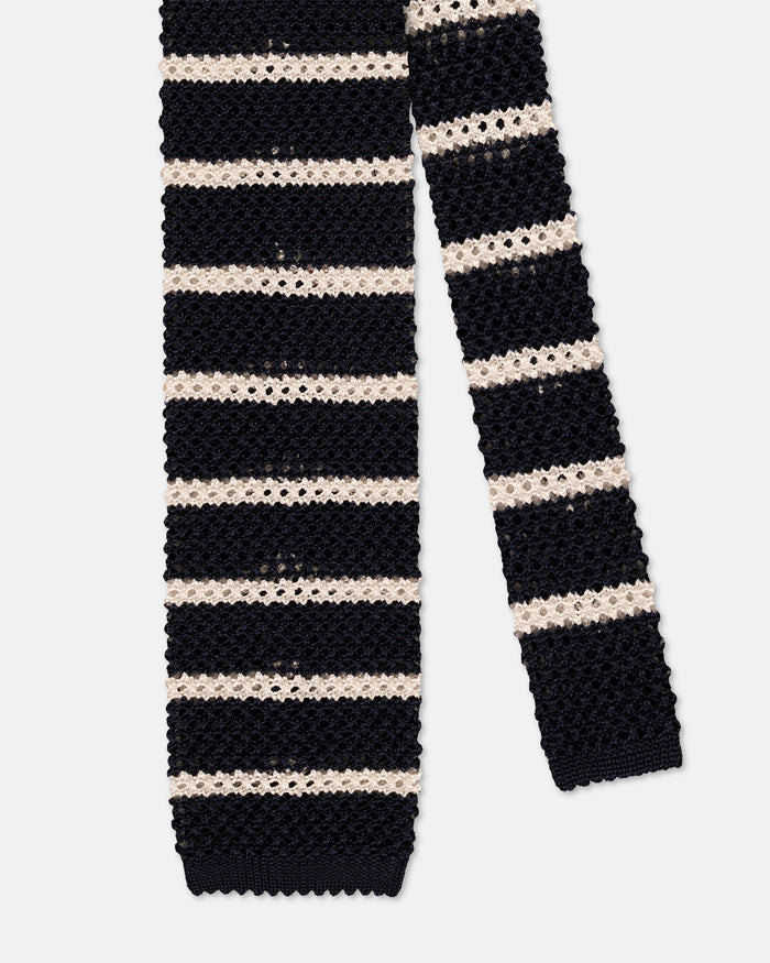 Made-in-Italy Navy & White Bar Stripe Silk Knit Tie