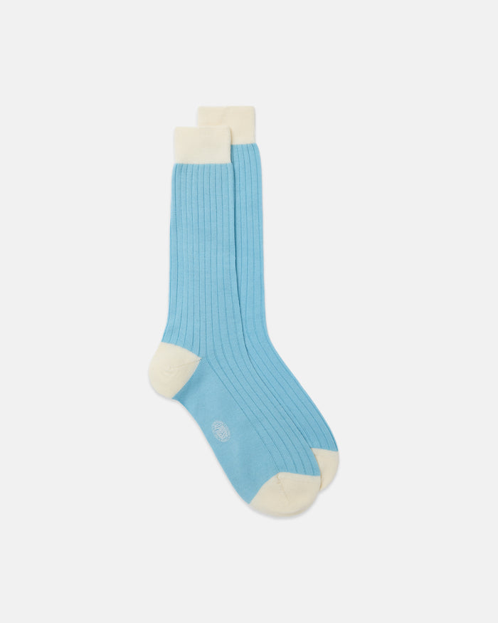 Made-in-Italy Sky Blue & White Heel & Toe Wool Mid-Calf Socks