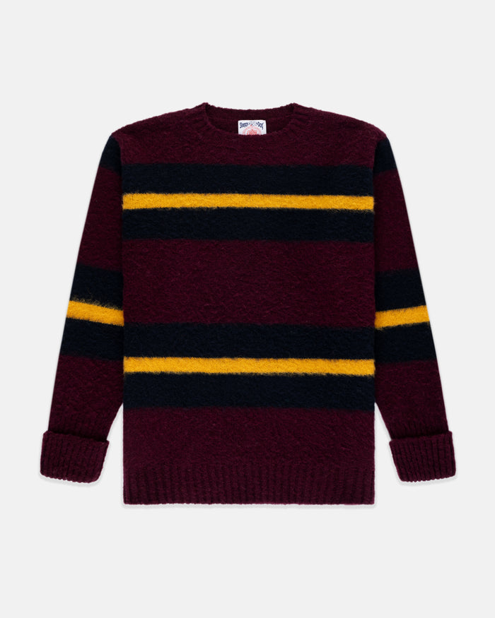 Made-in-Scotland Burgundy, Navy & Gold Shaggy Dog Frame Stripe Sweater - Classic Fit