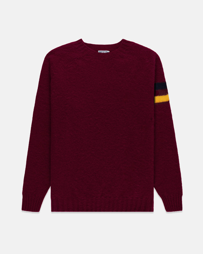 Made-in-Scotland Burgundy Sleeve Stripe Shaggy Dog Sweater  - Trim Fit