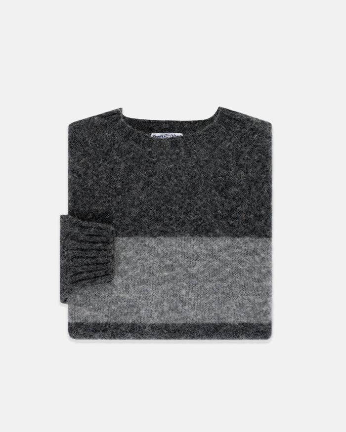 Made-in-Scotland Grey & Black Shaggy Dog Block Stripe Sweater - Trim Fit