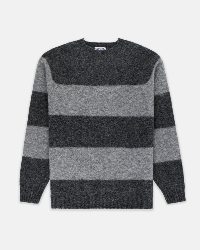 Made-in-Scotland Grey & Black Shaggy Dog Block Stripe Sweater - Trim Fit