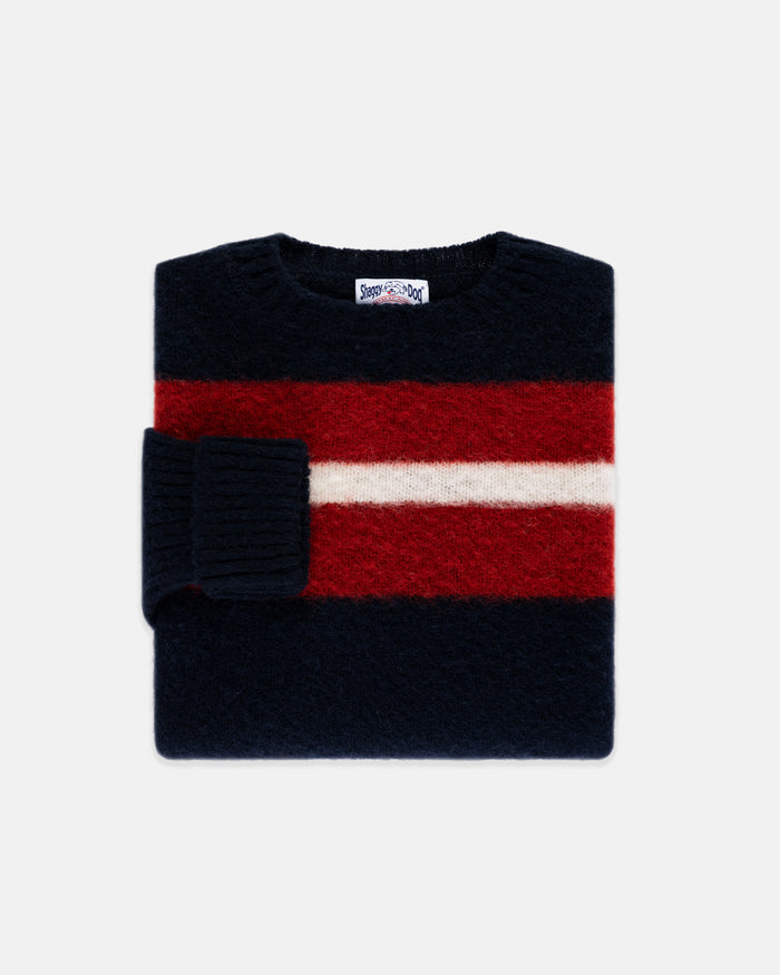 Made-in-Scotland Navy, Crimson & White Shaggy Dog Frame Stripe Sweater - Classic Fit
