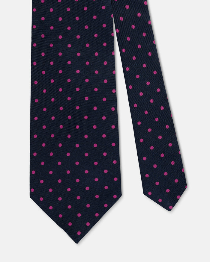 Made-in-UK Navy & Pink Polka Dot Silk Foulard Tie