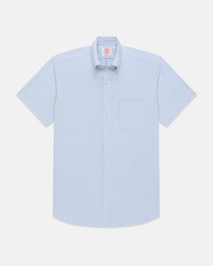 Made-in-USA Blue University Stripe Oxford Cloth Short Sleeve Sport Shirt - Classic Fit