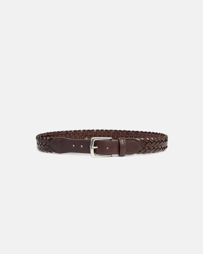 Made-in-USA Brown Braided Leather Belt with Nickel Buckle