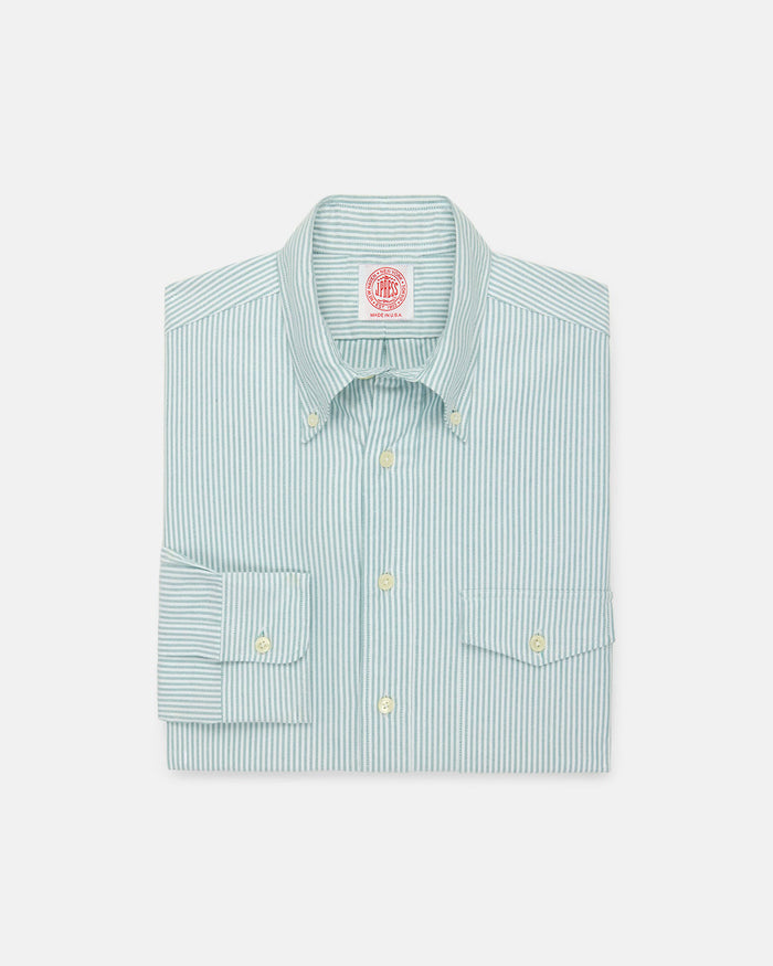 Made-in-USA Flap Pocket Green University Stripe Oxford Cloth Shirt - Classic Fit