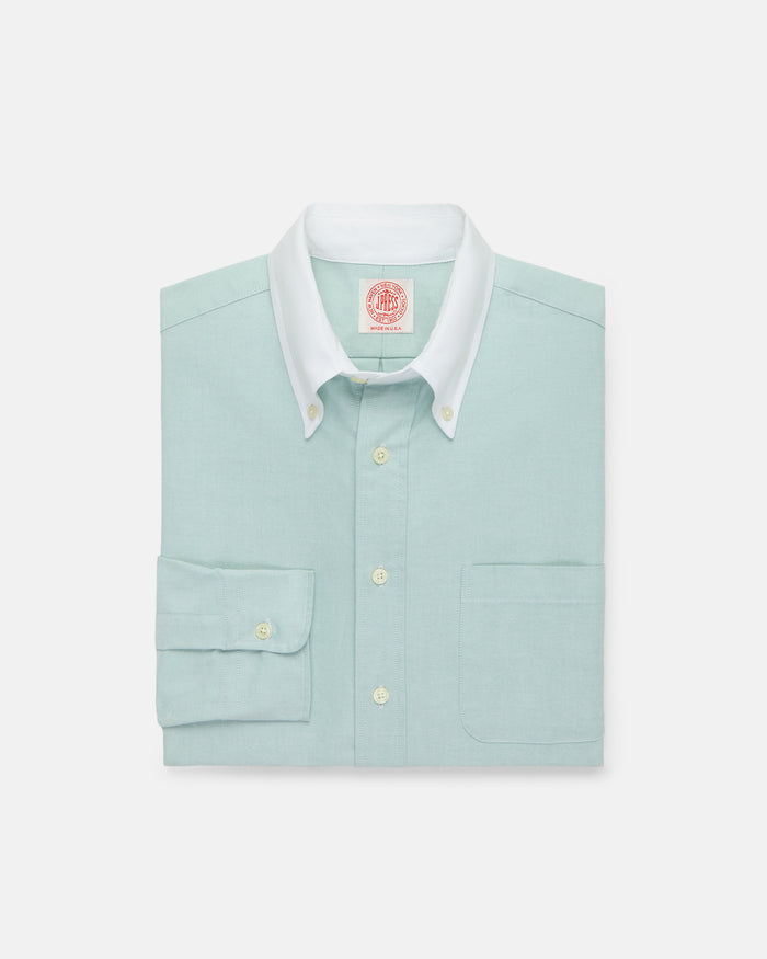 Made-in-USA Green Contrast Collar Oxford Cloth Sport Shirt - Regular Fit