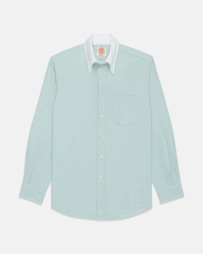 Made-in-USA Green Contrast Collar Oxford Cloth Sport Shirt - Regular Fit