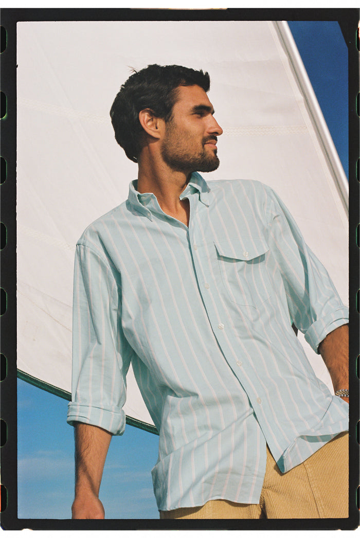 Made-in-USA Mint & Pink Stripe Oxford Cloth Sport Shirt - Classic Fit