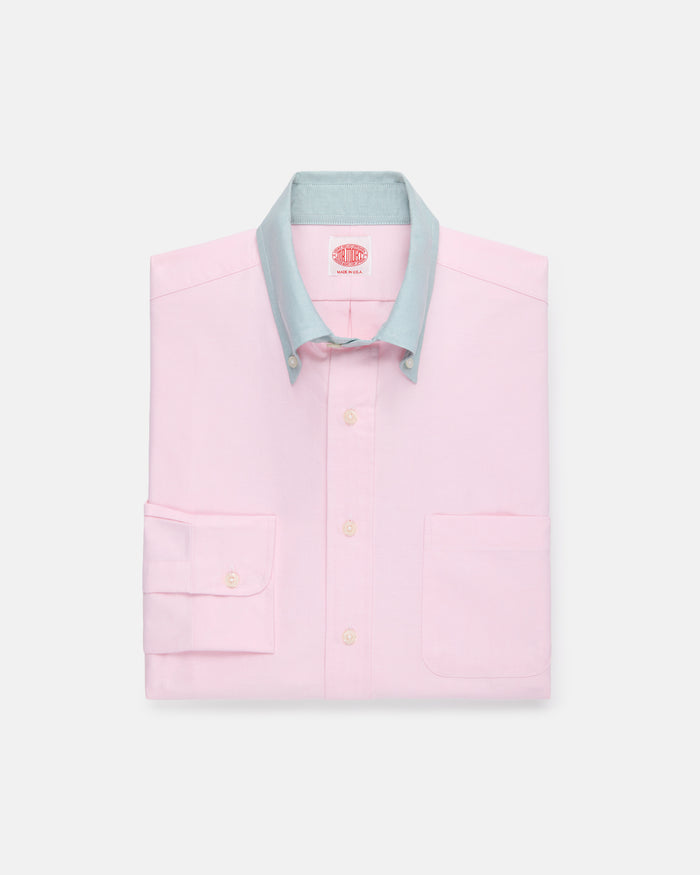 Made-in-USA Mister Mort Pink with Green Contrast Collar Oxford Sport Shirt