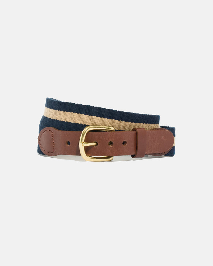 Made-in-USA Navy & Khaki Striped Smooth Belgian Surcingle Belt