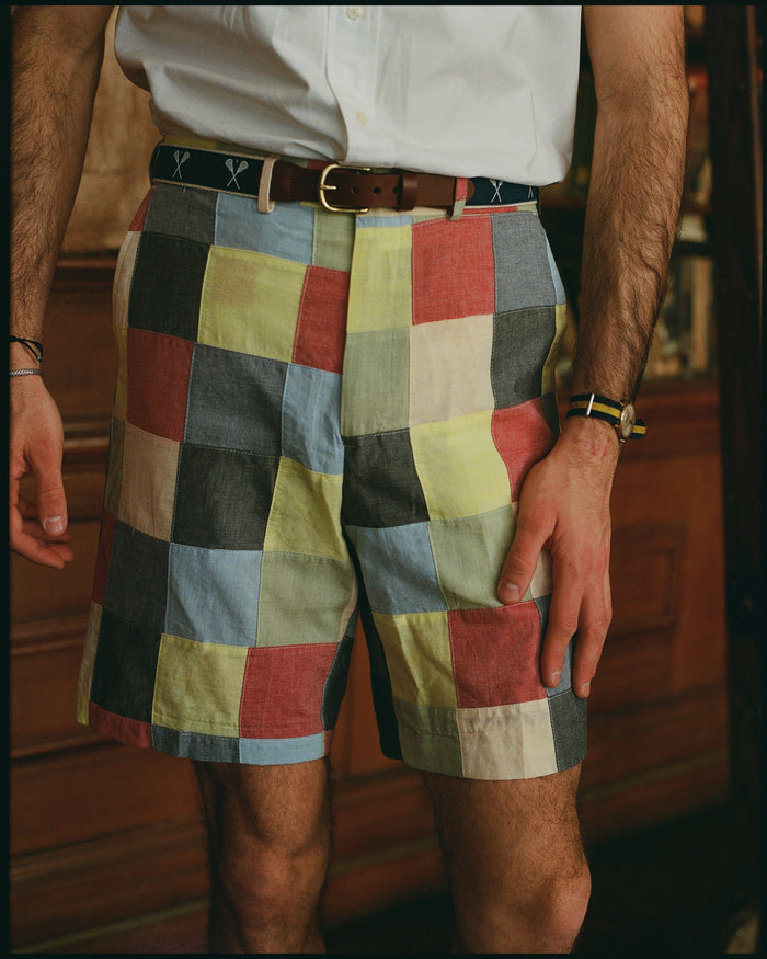 Made-in-USA Patchwork Cotton Chambray Shorts