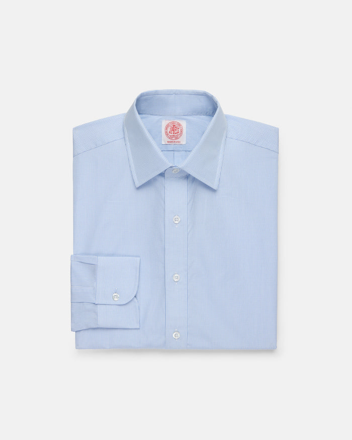 Made-in-USA Thomas Mason Blue Tattersall Spread Collar Dress Shirt - Classic Fit