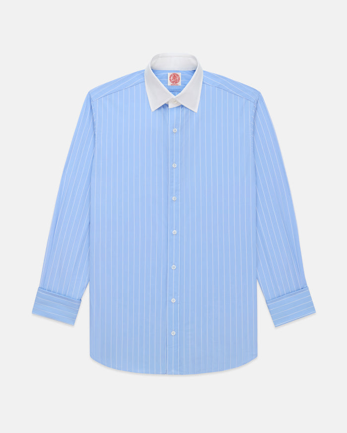 Made-in-USA Thomas Mason Blue & White Stripe Spread Collar French Cuff Dress Shirt - Classic Fit