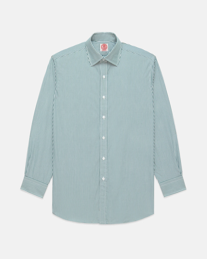 Made-in-USA Thomas Mason Green Bengal Stripe Spread Collar Dress Shirt - Classic Fit