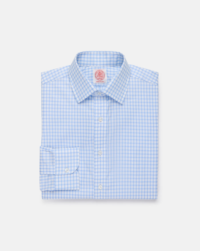 Made-in-USA Thomas Mason Light Blue Large Tattersall Spread Collar Dress Shirt - Classic Fit