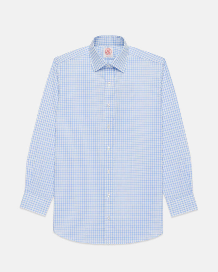 Made-in-USA Thomas Mason Light Blue Large Tattersall Spread Collar Dress Shirt - Classic Fit
