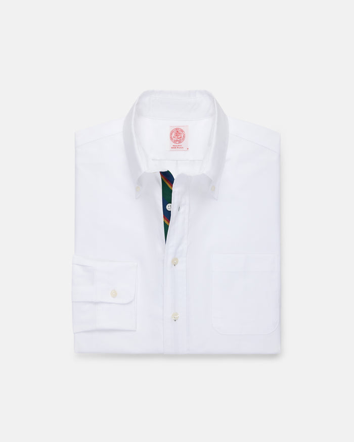 Made-in-USA White with Regimental Stripe Placket Oxford Cloth Sport Shirt - Regular Fit