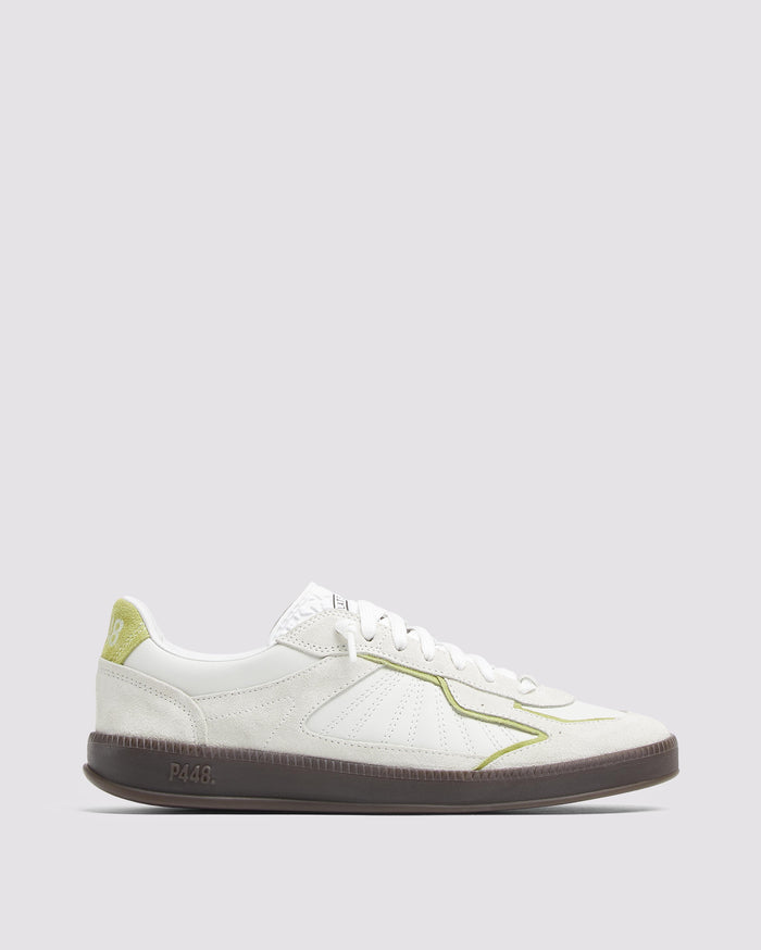 Side angle of green and white sneakers