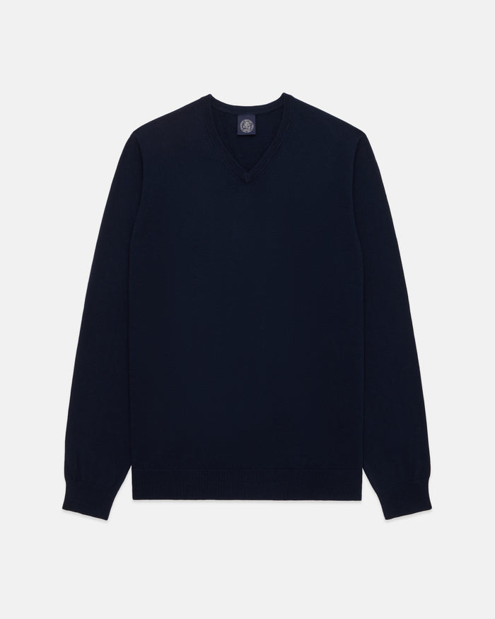 Navy Cotton-Cashmere V-Neck Sweater