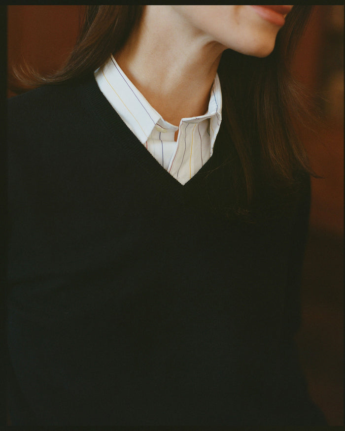 Navy Cotton-Cashmere V-Neck Sweater