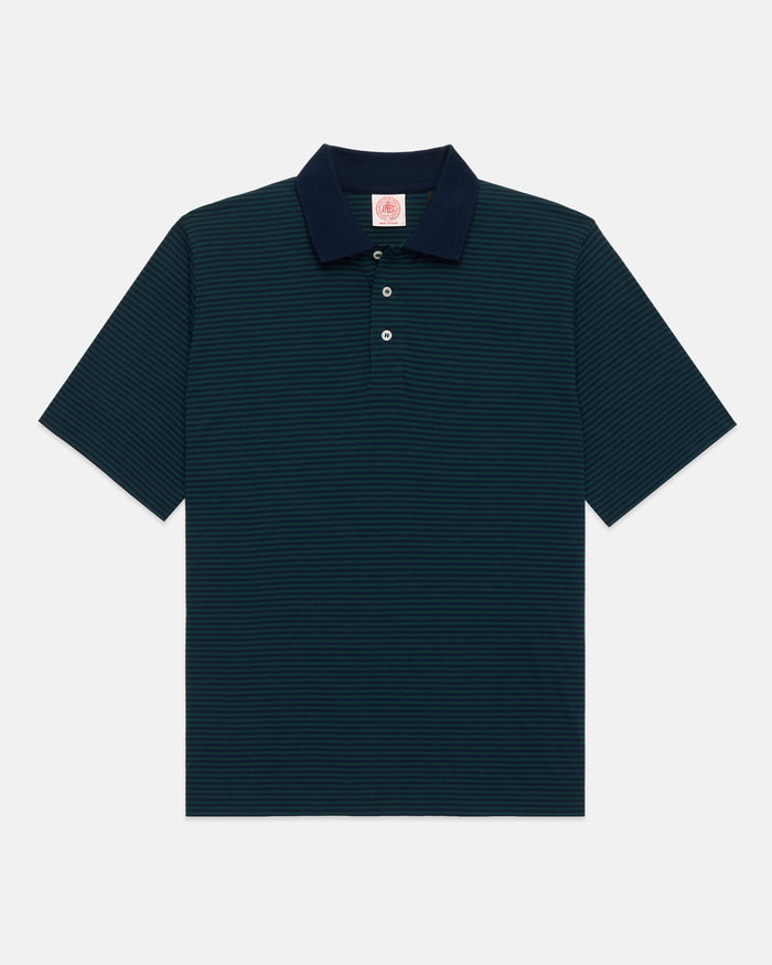 Navy & Green Cotton Jersey Micro-Stripe Polo - Classic Fit