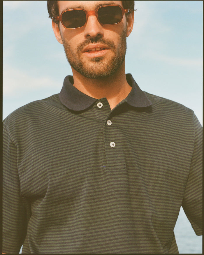 Navy & Green Cotton Jersey Micro-Stripe Polo - Classic Fit