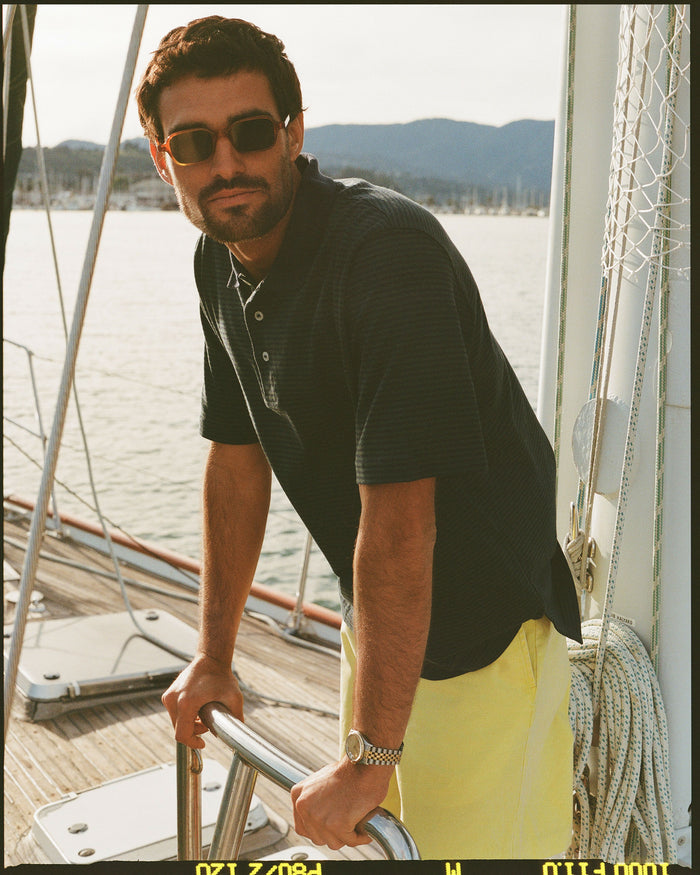 Navy & Green Cotton Jersey Micro-Stripe Polo - Classic Fit
