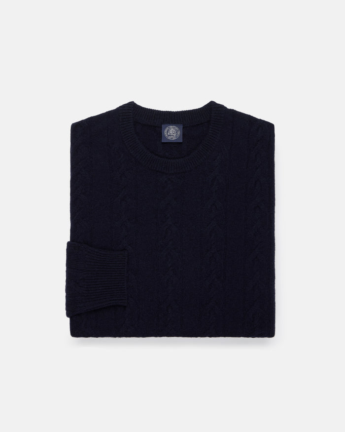 Navy Lambswool Cable Crewneck Sweater