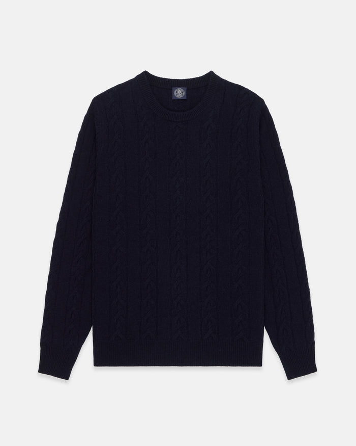 Navy Lambswool Cable Crewneck Sweater