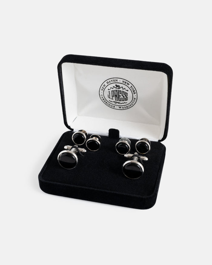 Onyx and Silver Cufflink and Stud Set
