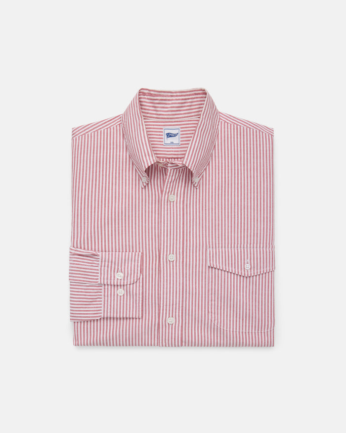 Red Enzyme-Washed Oxford Striped Shirt - Flap Pocket - Trim Fit