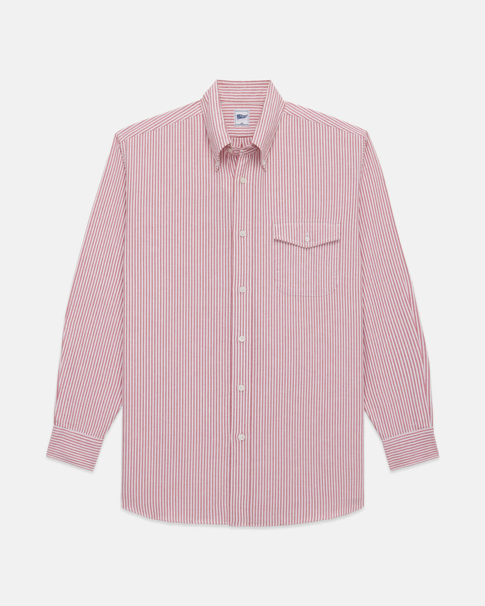 Red Enzyme-Washed Oxford Striped Shirt - Flap Pocket - Trim Fit