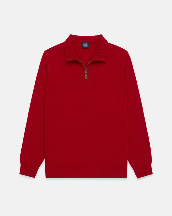 Red Lambswool Quarter Zip-up Sweater
