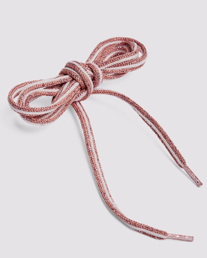 Front angle of rose/pink glitter laces