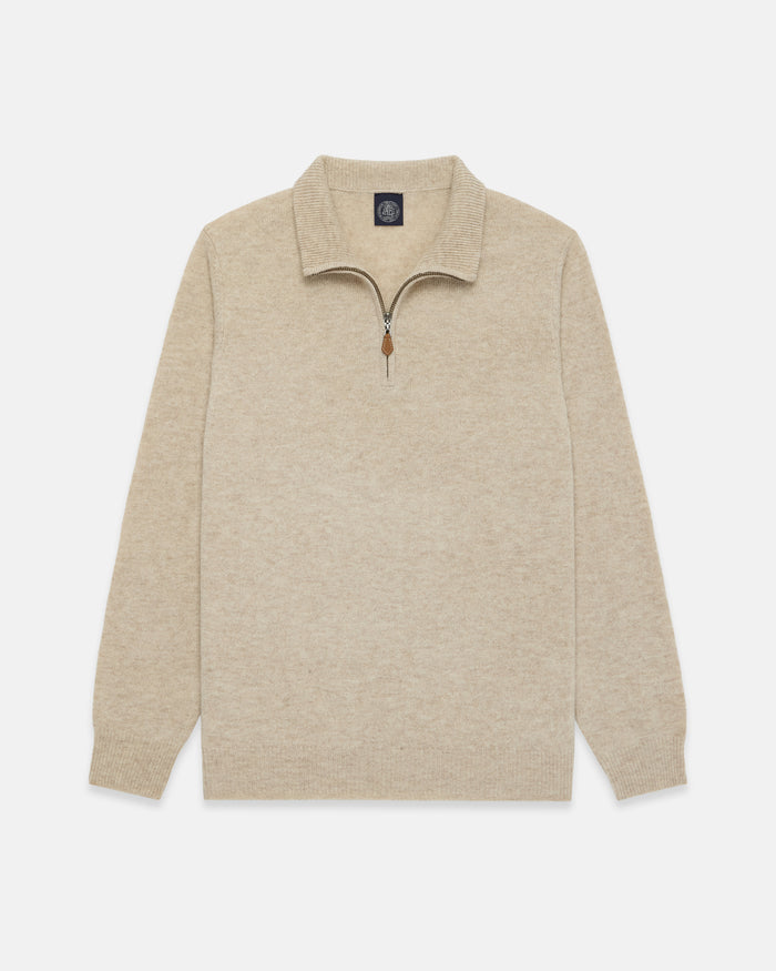 Tan Lambswool Quarter Zip-up Sweater