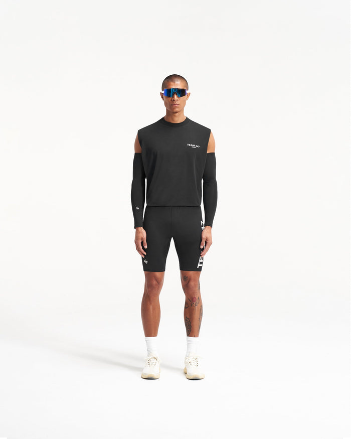 Black arm warmers on a plain white background | Team 247 Arm Warmers in Black | Running sleeves with Team 247 Branding | 247 Accessories | Represent Clo