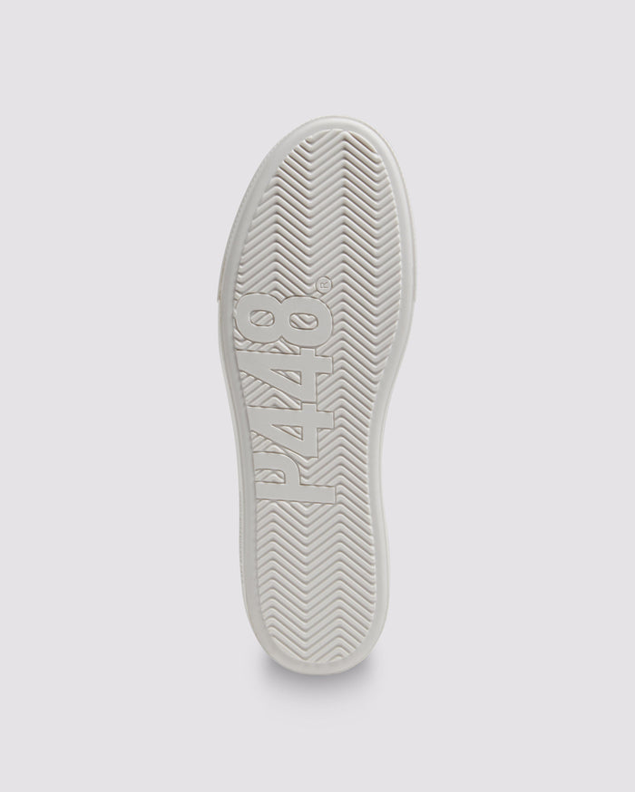 Bottom angle of white platform sneakers