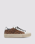 Side angle of black and brown leopard and silver platform sneakers