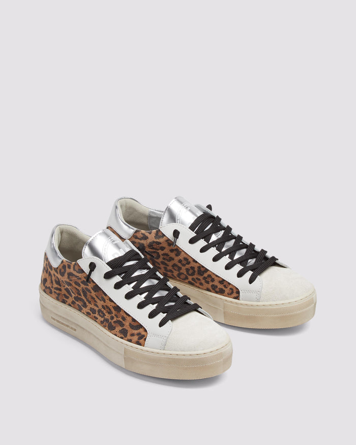 Back angle of black and brown leopard and silver platform sneakers