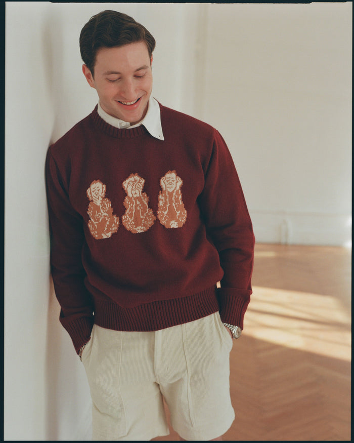 Three Wise Monkeys Intarsia Knit Cotton Sweater