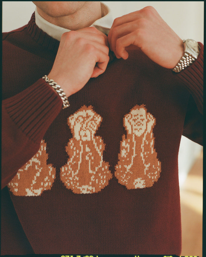 Three Wise Monkeys Intarsia Knit Cotton Sweater