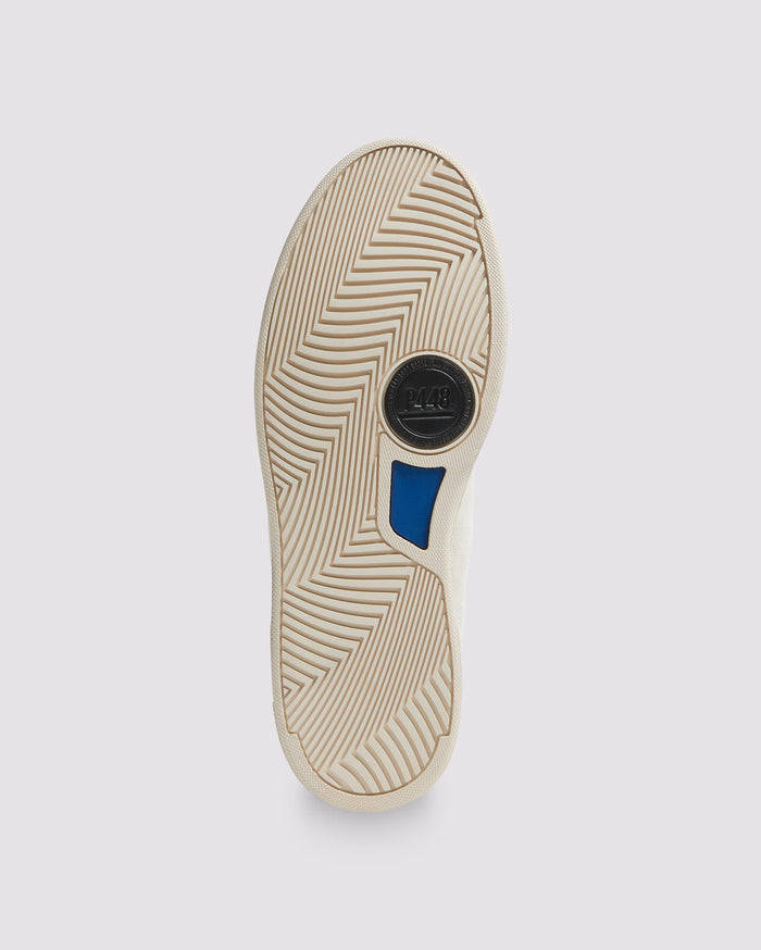 Bottom angle of white and grey sneakers
