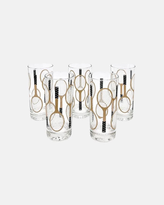 Vintage Set of 5 Tennis Racquet Highball Cocktail Glasses