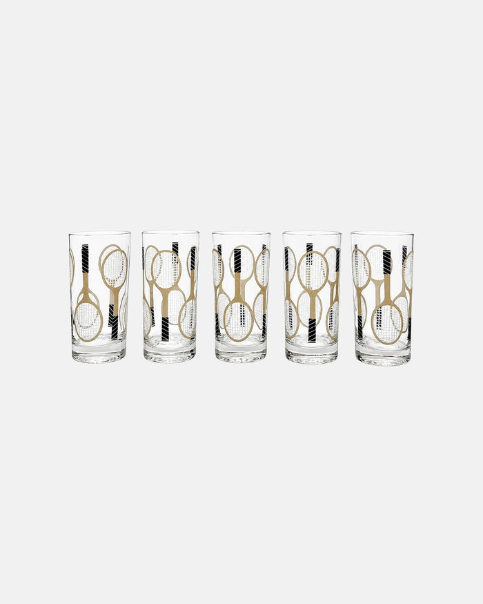 Vintage Set of 5 Tennis Racquet Highball Cocktail Glasses